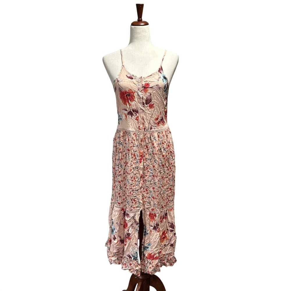 Band of Gypsies Medium Dress Boho Pink Spaghetti Strap Tiered Floral Maxi Dress